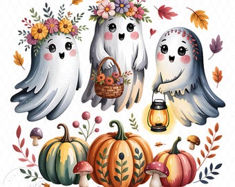 Cottagecore Halloween Ghost PNG, Whimsical Watercolor Fall Ghosts with Pumpkins Mushrooms and Lantern, Cute Cottagecore Sublimation Clipart