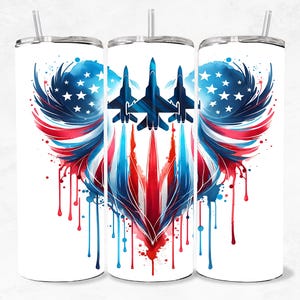 Coração de Voo Patriótico, design de embalagem fina de copo de 20 oz PNG, PNG sem costura de alta qualidade, arte de jatos vermelhos, brancos e azuis, design patriótico