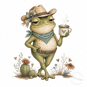 Western Cowgirl Frog PNG, Frog Sublimation Design, Cute Country Frog With Coffee Cup, Desert Floral Cowgirl PNG, Retro Western Shirt Design