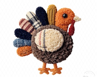Faux Cozy Yarn Truthahn PNG, Herbst Häkelarbeit Truthahn PNG, Thanksgiving Pom Pom Truthahn Sublimationsdesign, niedliches Herbst Shirt Design, Digital