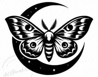 Luna Moth & Moon PNG, Mystical Celestial Insect Monochrome Design, Spiritual Boho, Dark Academia Aesthetic, Gothic Moon Insect, Digital