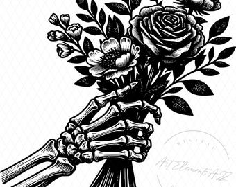 Skeleton and Flower Bouquet PNG, Monochrome Shirt Design, Skeleton Hand Sublimation Design, Skeleton Hand PNG, Digital Download