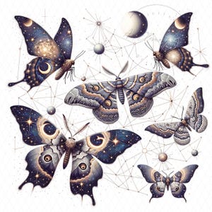 Hemelse motten en vlinders PNG, mystieke tattoo-stijl insectenillustratie met manen, sterren en sterrenbeelden, digitale download