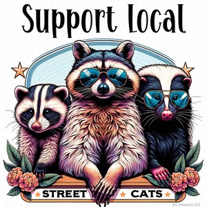 Apoya a los gatos callejeros locales (Png), Mapache gracioso (Png), Mapache vintage (Png), Panda de la basura (Png), Zorrillo (Png), Diseño digital de sublimación