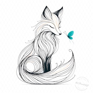 Peut inclure: Illustration en noir et blanc d'un renard aux yeux fermés, face à un papillon turquoise. Le pelage du renard est représenté par des lignes fluides, et le papillon a des ailes délicates. L'œuvre est sur fond blanc.