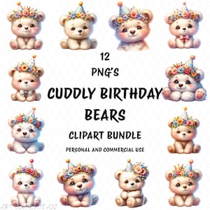 Pacchetto di clipart di orsetti di compleanno teneri, 12 PNG trasparenti di alta qualità, uso personale e commerciale, stampabili, download digitale