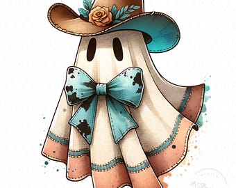 Cowgirl-Geist PNG, westliches Halloween-Sublimationsdesign, niedlicher gruseliger Geist mit Cowgirlhut und -schleife, digitaler Download