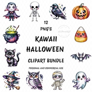 Kawaii Halloween Clipart Bundle, Cute Spooky Kawaii Halloween Clipart, Cute Fall PNG Bundle, Ghost, Bat, Pumpkin, Witch, Digital Download