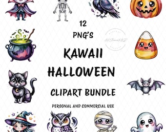 Kawaii Halloween Clipart Bundle, Cute Spooky Kawaii Halloween Clipart, Cute Fall PNG Bundle, Ghost, Bat, Pumpkin, Witch, Digital Download