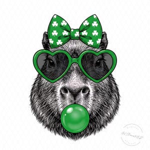 Puede incluir: Ilustración en blanco y negro de un carpincho con gafas de sol verdes en forma de corazón y un lazo verde con tréboles blancos. El carpincho está soplando una burbuja verde. La imagen tiene un fondo blanco.