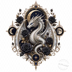Romantasy Dragon PNG, White Dragon with Black Roses, Gothic Fantasy Sublimation Design, Celestial Moon Dragon Clipart