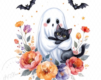Joli fantôme et chat noir Halloween PNG, effrayant fantôme PNG, chat noir PNG, chemise Halloween png, Spooky Vibes, téléchargement numérique