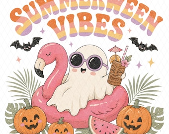 May include: A whimsical illustration with the text "Summerween Vibes". A ghost wearing sunglasses floats on a pink flamingo pool float, holding a tiki drink. Pumpkins, bats, and watermelon slices complete the design.