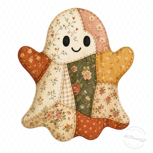 May include: A ghost-shaped plush decoration constructed from various fabric patches featuring floral and gingham patterns in shades of cream, orange, green, and yellow. The figure has two solid black oval eyes and a simple black curved line for a mouth.