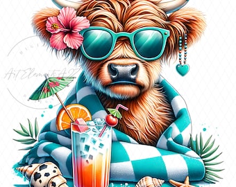 Beach Day Highland Cow PNG, Tropical Cute Cow with Sunglasses & Hibiscus, Coastal Boho Animal Vibes, Transparent, Sublimation PNG, Digital
