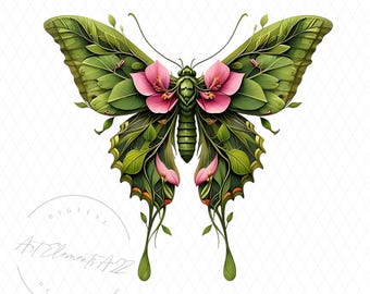 May include: A digital illustration of a butterfly with green leaf wings and pink flower accents. The butterfly's body is a segmented green, and the wings are detailed with veins and textures. The design has a botanical theme.