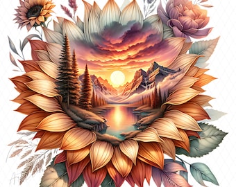 Boho Sunflower PNG, Western PNG, Desert Sunset, Cowgirl Sublimation Design, Sunflower PNG, Floral Watercolor, Digital Download