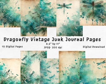 Dragonfly Vintage Junk Journal Pages, Junk Journal Printable digital pages, Shabby Chic Scrapbooking Pages, DIGITAL DOWNLOAD only