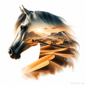 Cheval arabe double exposition PNG, PNG Transparent de haute qualité, usage personnel et commercial, art de la sublimation, téléchargement numérique