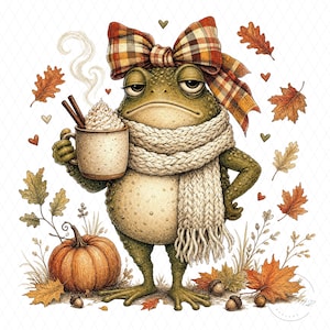 Cozy Fall Frog PNG, Grumpy Frog Coffee Lover Sublimation Design, Autumn Pumpkin Frog with Scarf & Plaid Bow, Fall Season PNG