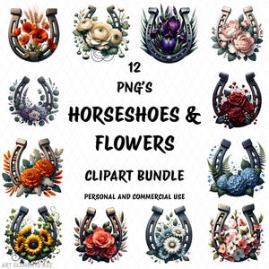 Horseshoes & Flowers Clipart Bundle, 12 High Quality Transparent PNGs, Printables, Personal and Commercial Use, Instant Download