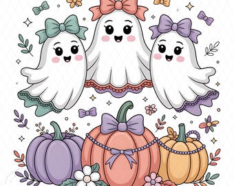 Kokette Geister-Trio PNG, Pastell-Halloween-Geister mit Bögen Sublimation, süße Girly Ghost Clipart, wunderliche Halloween digitaler Download