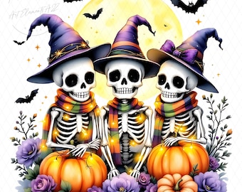 Halloween Skeleton Trio PNG, Halloween Clipart, Cute Witch Skeletons with Pumpkins,  Sublimation Design, Spooky Skeleton,Digital Download