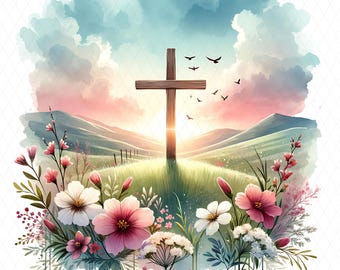 May include: A watercolor painting of a wooden cross standing on a grassy hill with a sunrise in the background. The cross is surrounded by pink and white flowers. The sky is a soft blue with white clouds.