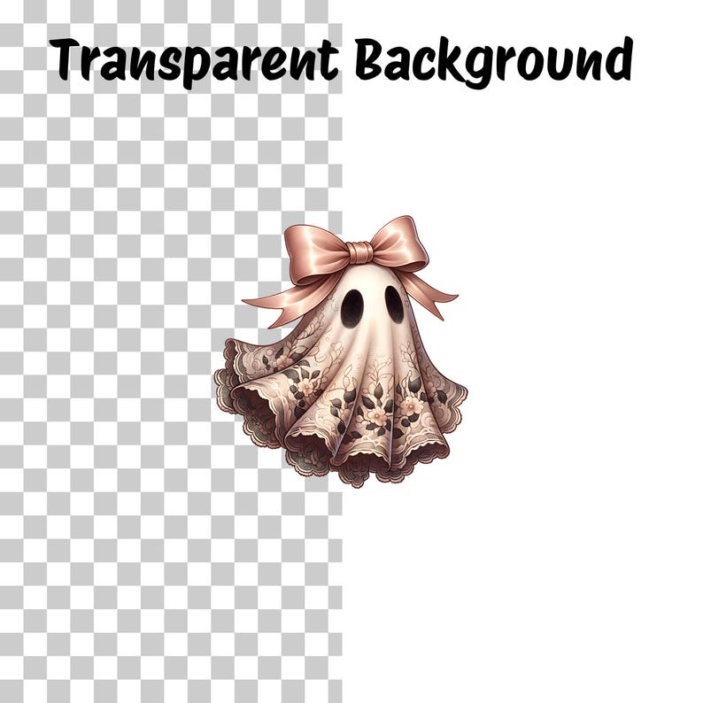 May include: A whimsical ghost illustration with a peach-colored bow. The ghost is draped in a patterned fabric with floral accents. The image has a transparent background, perfect for stickers or digital art.