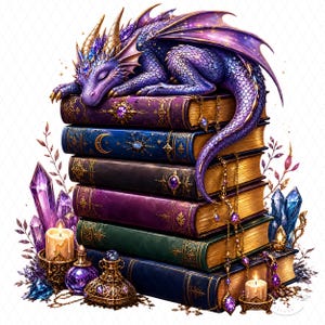 Könnte beinhalten: Ein schlafender violetter Drache mit goldenen Hörnern ruht auf einem Stapel aus sechs alten Büchern. Die Szene umfasst brennende Kerzen, verzierte goldene Zaubertrankflaschen und Ansammlungen von violetten und blauen Kristallen am Fuß des Stapels.