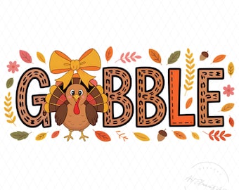 Puede incluir: Gráfico temático de Acción de Gracias con la palabra "GOBBLE" en letras marrones con estampado de leopardo, con una "L" naranja. Un pavo de dibujos animados con un lazo amarillo está centrado encima de la palabra. Hojas y bellotas coloridas rodean el texto.