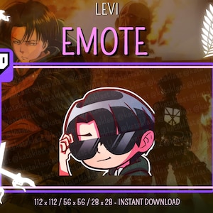 Puede incluir: Un emote digital que muestra un personaje estilo chibi con cabello oscuro y gafas de sol negras, con una mano tocando el marco. El gráfico incluye el texto LEVI EMOTE, un logotipo de Twitch, espadas cruzadas y el emblema de las alas.