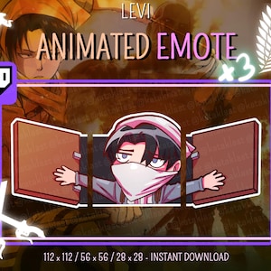 Puede incluir: Un emote animado que muestra un personaje de dibujos animados con cabello oscuro y una máscara facial blanca, usando un pañuelo rosa, empujando dos paneles rectangulares marrones. El texto LEVI ANIMATED EMOTE x3 y 112 x 112 / 56 x 56 / 28 x 28 es visible.