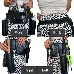 May include: Black leather waist belt with multiple pockets and compartments for carrying hairdressing tools. The belt is shown on a model wearing a leopard print skirt. The belt has a variety of pockets and compartments for carrying tools such as scissors, combs, brushes, and hairspray.