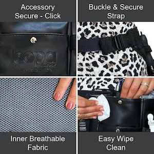 May include: A black leather belt with a buckle and a secure click closure. The belt has a mesh inner lining for breathability and a wipe-clean surface. The belt has a logo that says "leopg bio assistant belt".