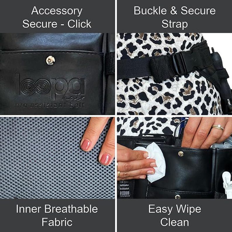 May include: A black leather belt with a buckle and a secure click closure. The belt has a mesh inner lining for breathability and a wipe-clean surface. The belt has a logo that says "leopg bio assistant belt".