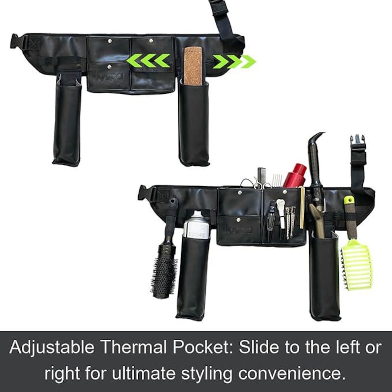 May include: Black leather styling tool belt with multiple pockets and a thermal pocket that can be adjusted to slide left or right. The belt is shown with various styling tools, including shears, combs, and a spray bottle.