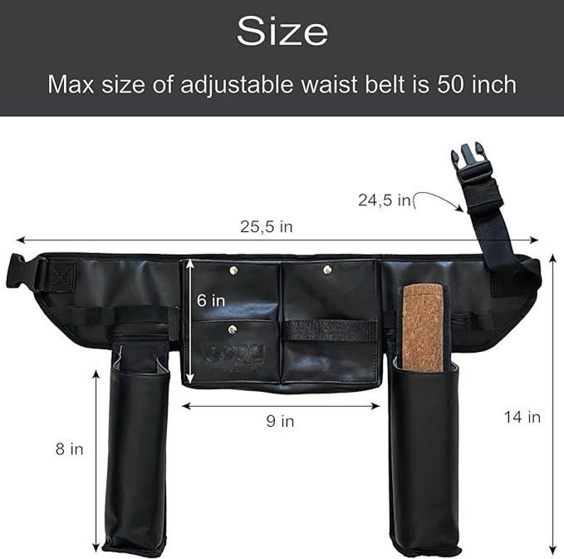 May include: Black leather tool belt with multiple pockets and loops. The belt is adjustable up to 50 inches. The belt has two side pockets that are 8 inches tall and 6 inches wide. The main section of the belt is 25.5 inches wide and 9 inches tall. The belt has a strap that is 24.5 inches long.