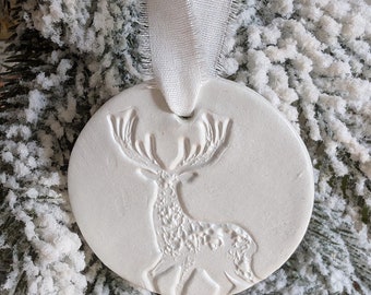Handmade Rustic Clay Woodland Deer Christmas Ornament, Farmhouse Holiday, Minimalist Decor, Neutral Style