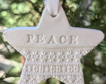 Handmade Clay Star Peace Ornament, Fair Isle Motif, Minimalist Christmas, Neutral Holiday Decor