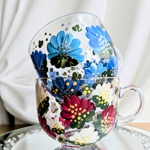 Hand Painted Cup, Glass Cappuccino Mug, modern flowers, mother&#39;s day gift, birthday, unique gift