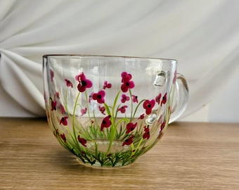 Hand Painted Glass Cappuccino Mug, Dainty Poppy,