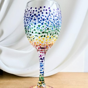 Hand Painted Large Wine Glass: Rainbow dots, ideal gift for someone special, mothers day gift/birthday