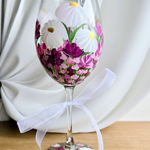 Hand Painted Large Wine Glass: Beautiful pink flowers, ideal gift for someone special, mothers day gift/birthday