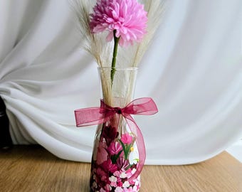 Hand Painted Bud Vase, Pink Flower Glass Vase, Floral Decor