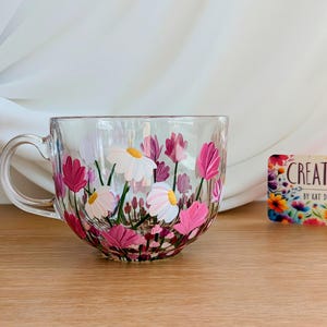 Hand Painted Cup, Glass Cappuccino Mug, pink flowers, mother&#39;s day gift, birthday, unique gift