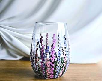 Hand Painted Stemless Wine Glass: Winter Heather