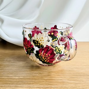 Hand Painted Cup, Glass Cappuccino Mug, modern flowers, mother&#39;s day gift, birthday, unique gift