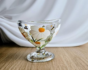 Hand Painted Floral Ice Cream Sundae Dish, Daisy and Bee