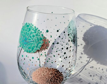 Hand Painted Stemless Wine Glass/Tumbler: Dandelion
